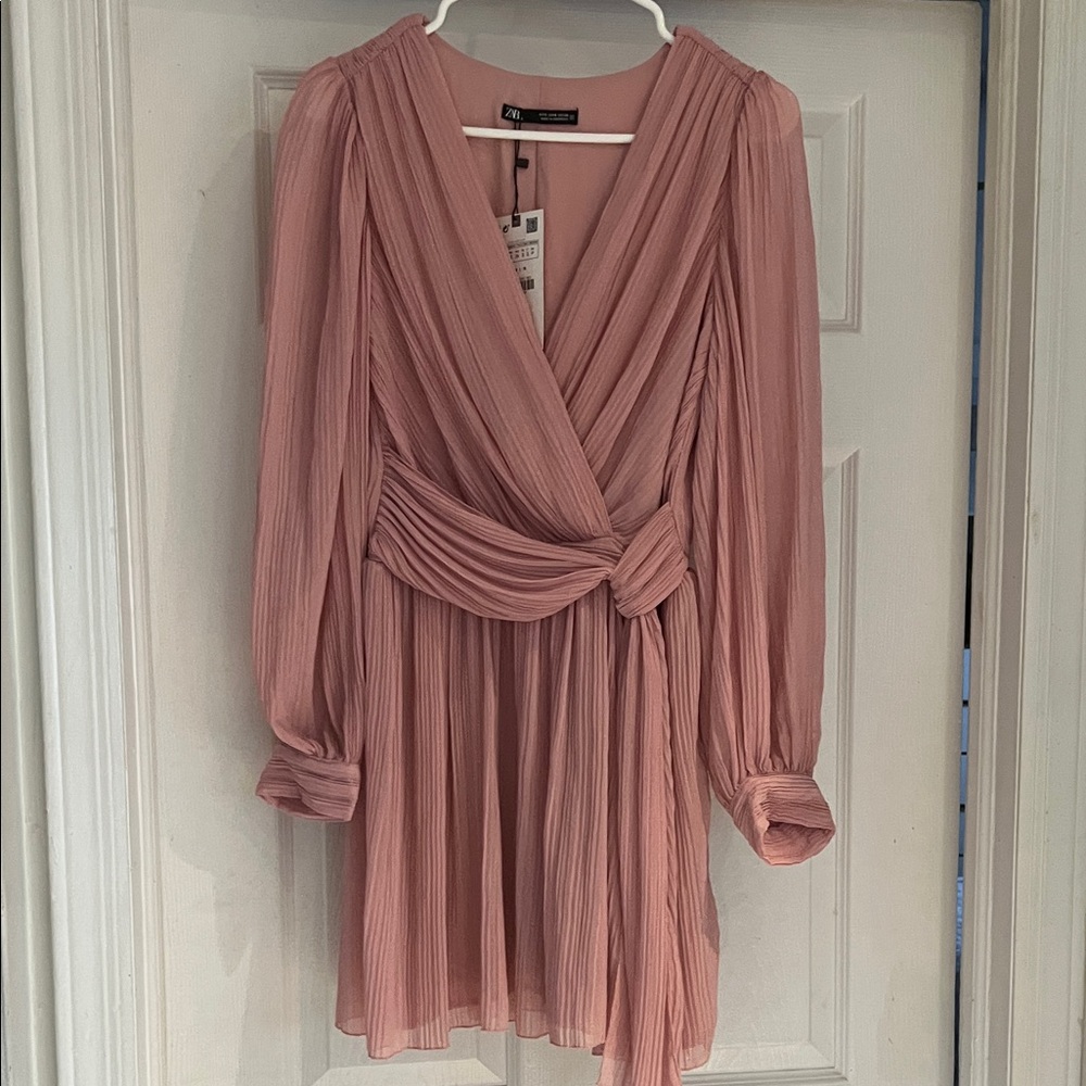 Zara Blush Pink Pleated Wrap Long-Sleeve Dress